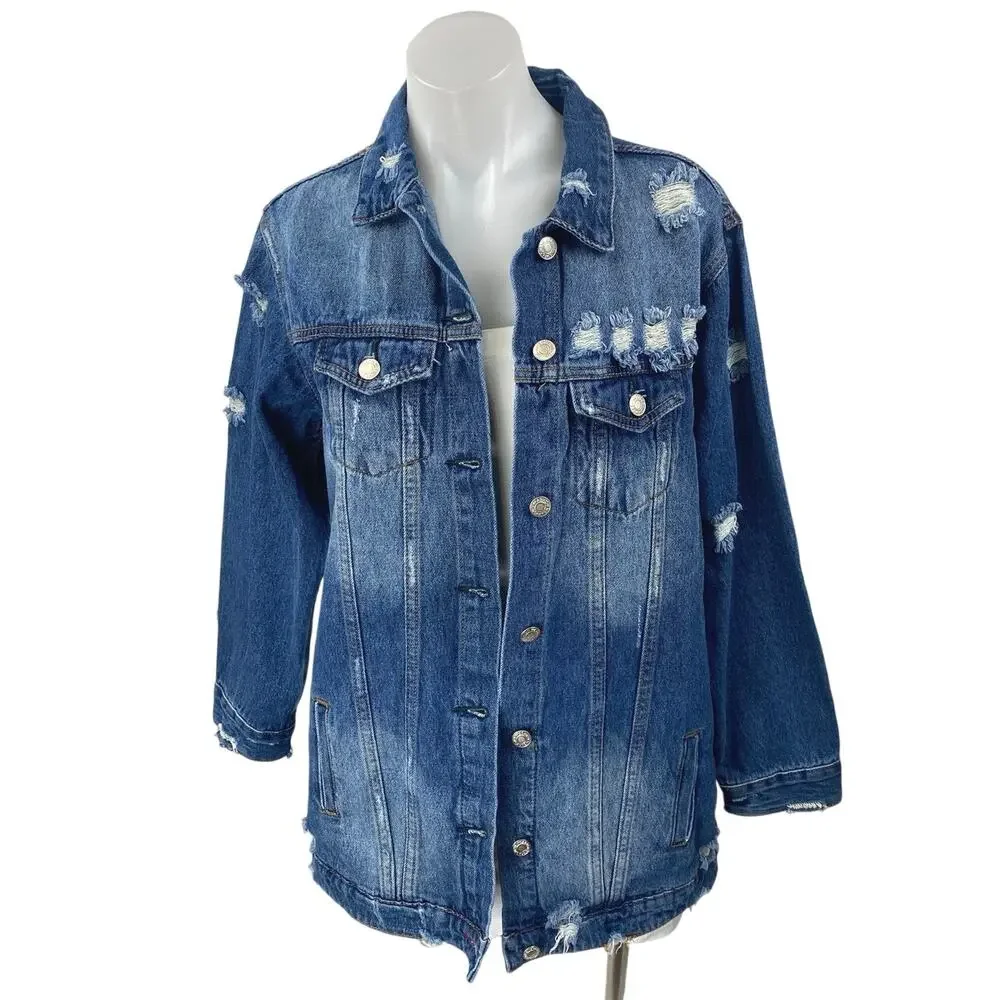 The Iconic Women's Blue Long Sleeve Button Down Distressed Denim Jeans Jacket M